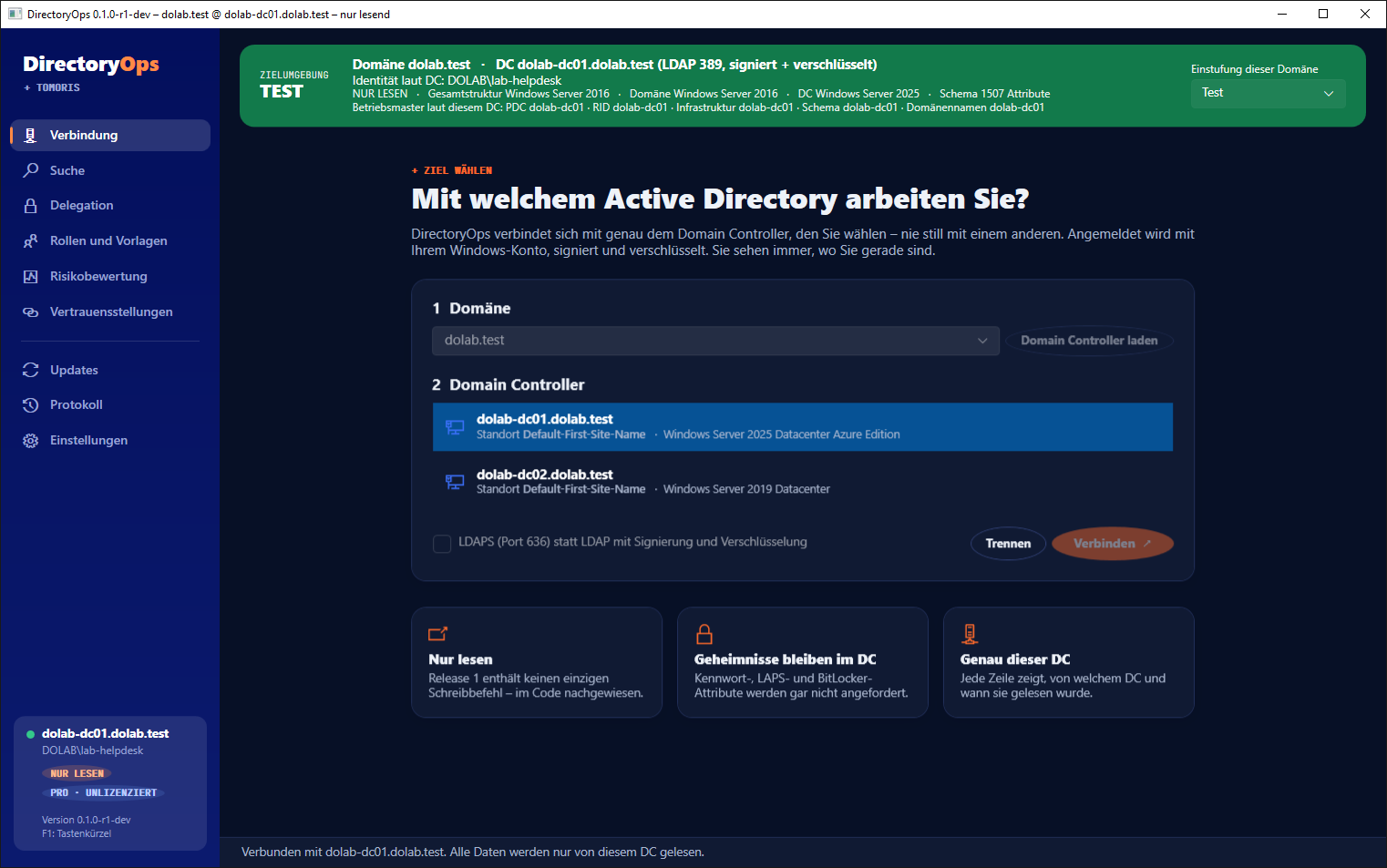 Verbindungsdialog im Testlabor: Domäne dolab.test, Liste der Domain Controller mit Standort und Betriebssystem, Einstufung Test.