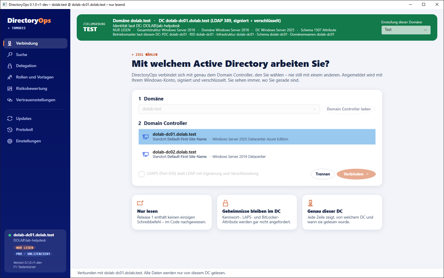 Verbindungsdialog im Testlabor: Domäne dolab.test, Liste der Domain Controller mit Standort und Betriebssystem, Einstufung Test.