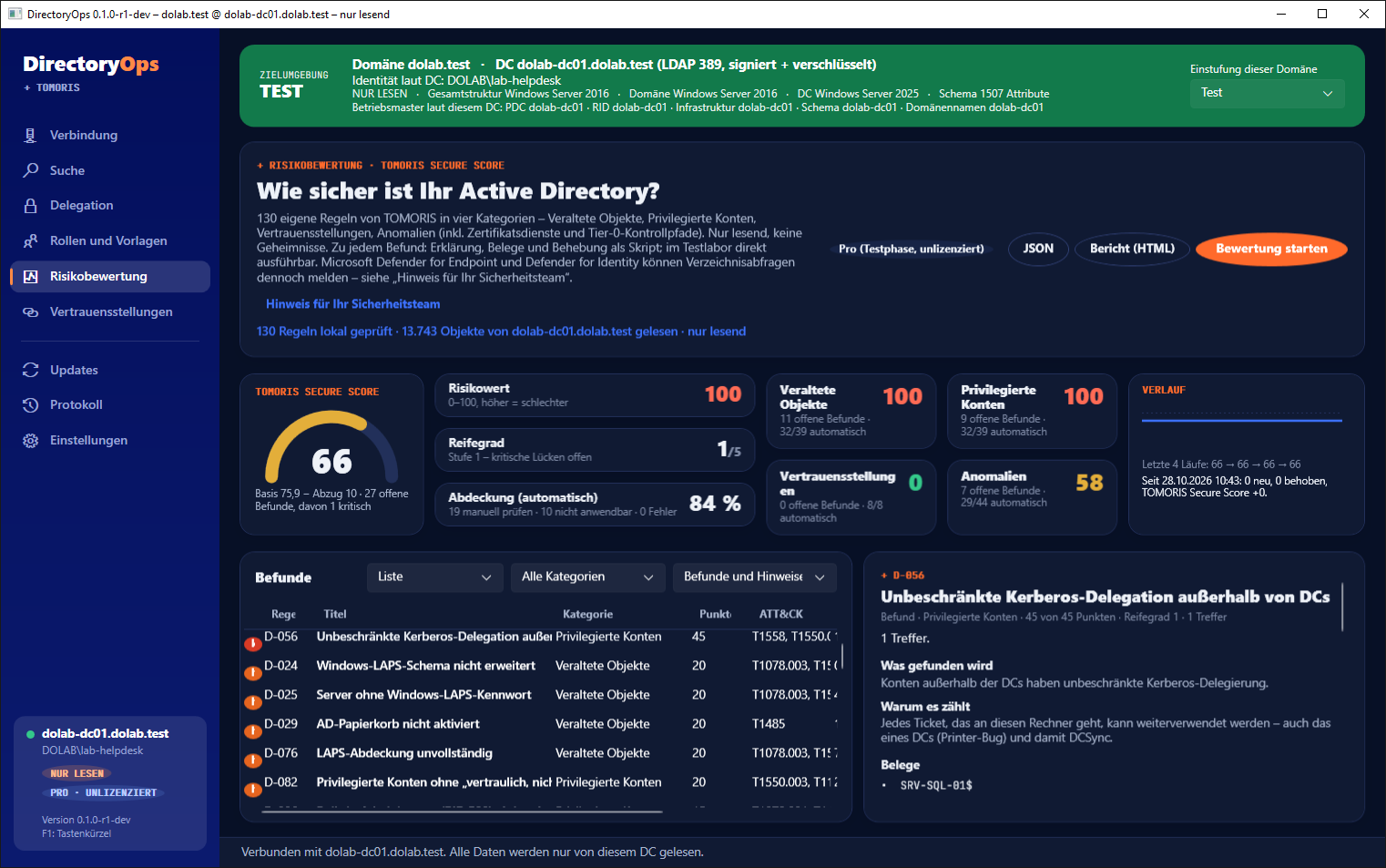 Risikobewertung im Testlabor: TOMORIS Secure Score, Kategorien, Befunde nach Schwere und rechts Erklärung, Belege und Behebung.